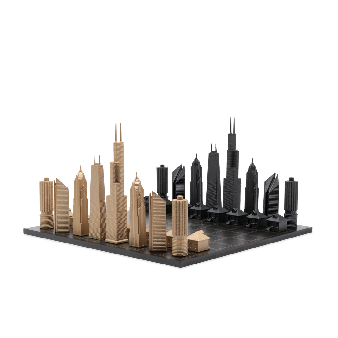 Skyline Chess Set, Chicago, Bronze, Top View, Wood Board