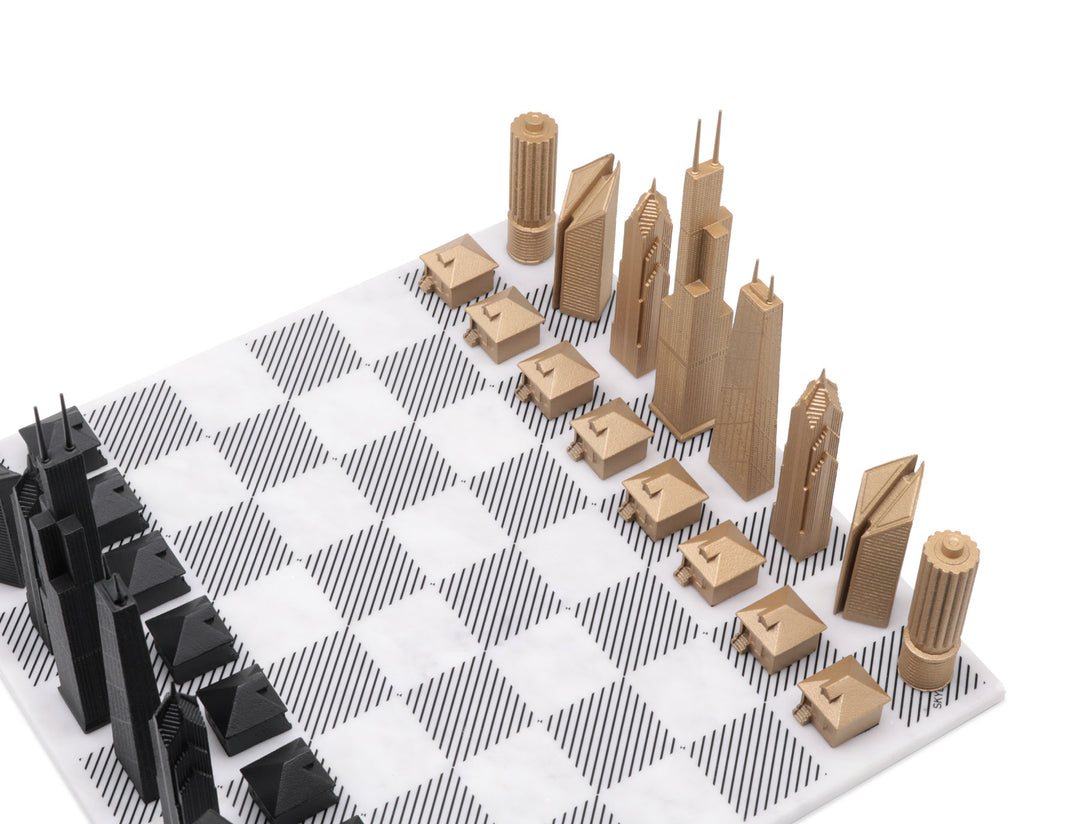 Skyline Chess Set, Chicago, Bronze, Corner View, Marble Board