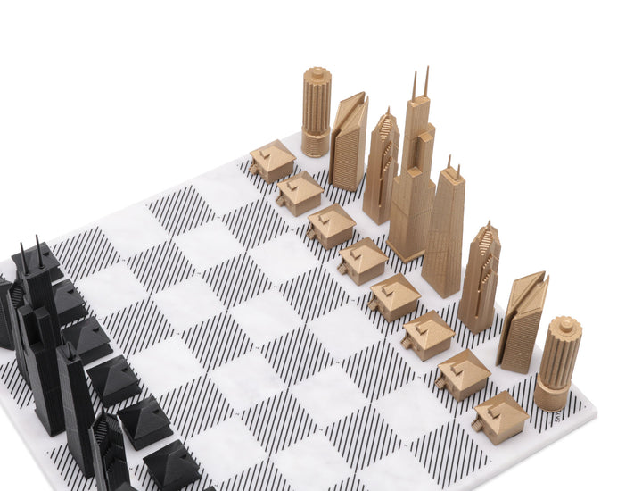 Skyline Chess Set, Chicago, Bronze, Corner View, Marble Board