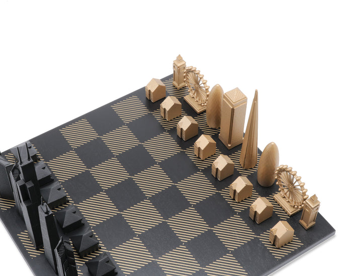 Skyline Chess Set, San Francisco Vs Paris, Bronze, Corner View, Hatch Board