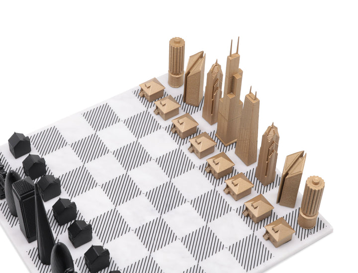 Skyline Chess Set, London Vs New York, Bronze, Corner View, Marble Board