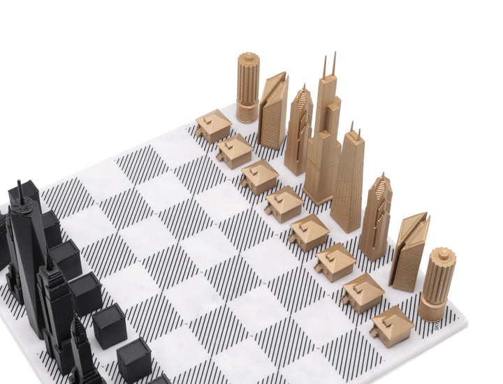Skyline Chess Set, Chicago Vs New York, Bronze, Corner View, Marble Board