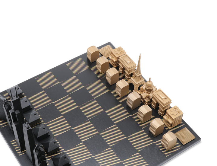 Skyline Chess Set, Chicago Vs Paris, Bronze, Corner View, Bronze Hatch Board