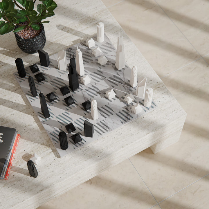 Skyline Chess Set, Chicago, Acrylic, Side View, Carrara Marble Board