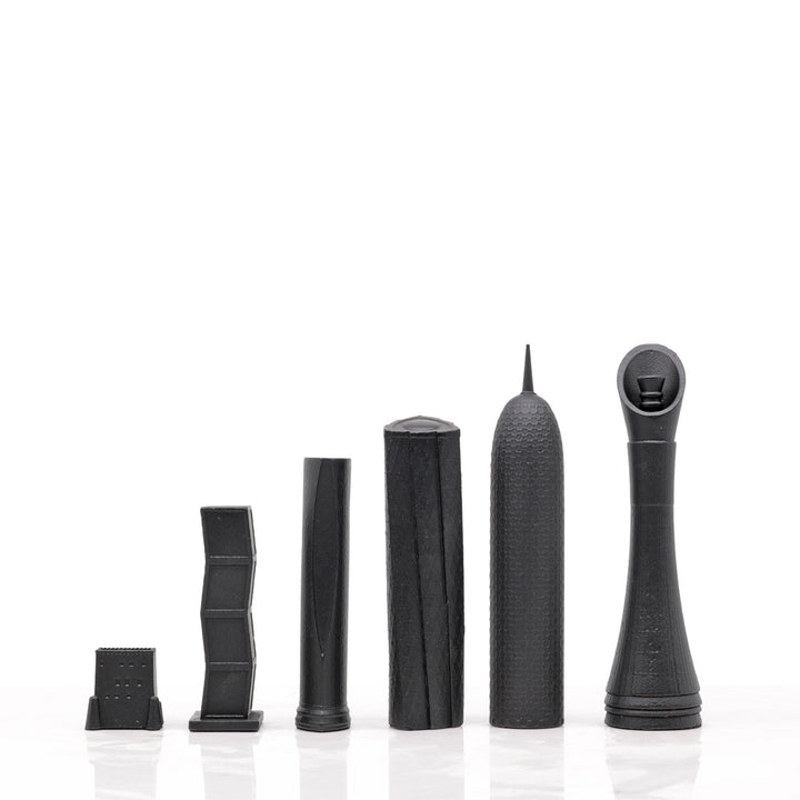 Skyline Chess Set, Doha, Bronze, Side View, Wood Board