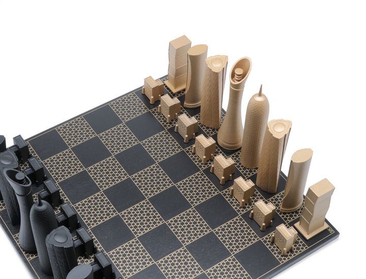 Skyline Chess Set, Doha, Bronze, Corner View, Marble Board
