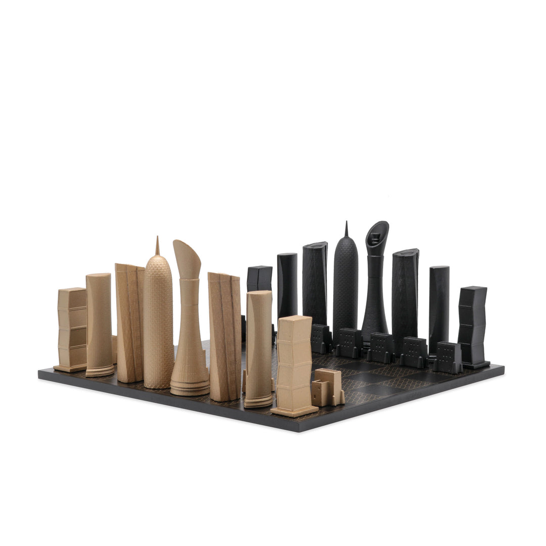 Skyline Chess Set, Doha, Bronze, Side View, Map Board