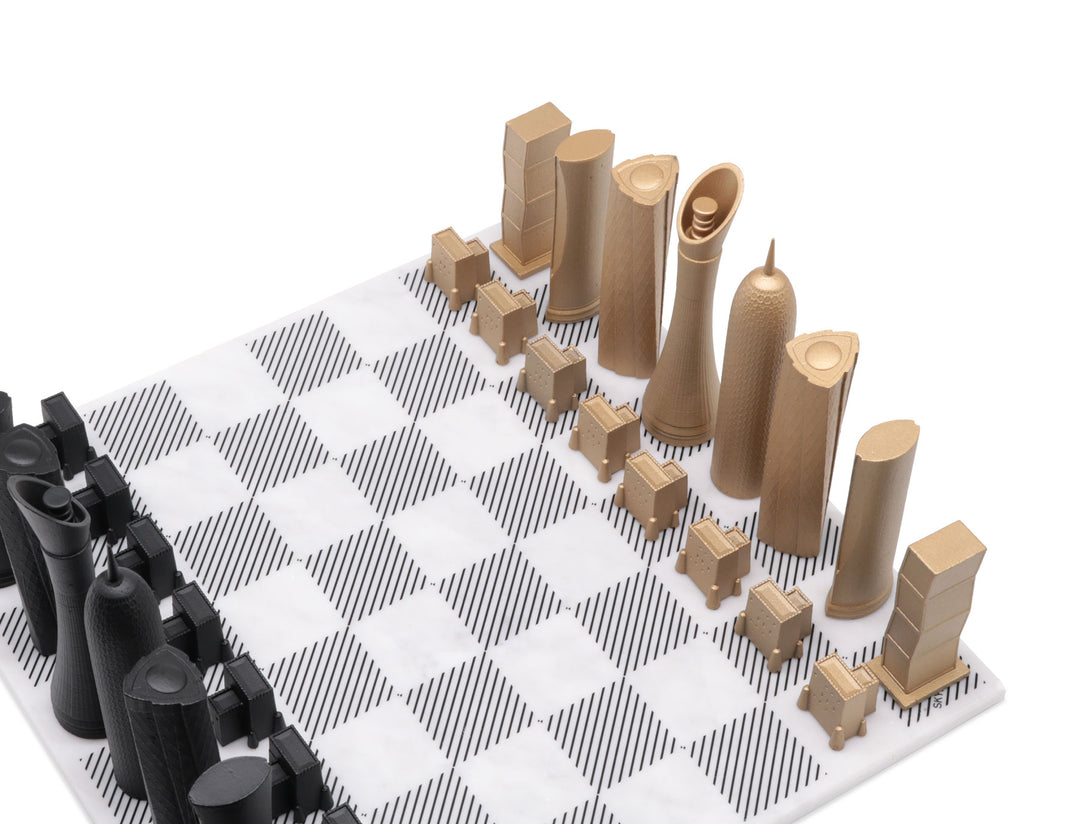 Skyline Chess Set, Doha, Bronze, Corner View, Marble Board