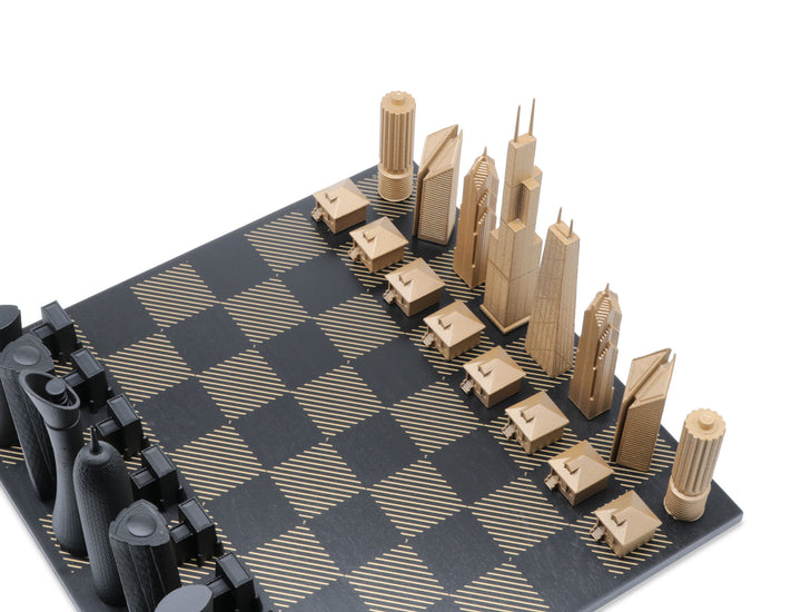 Skyline Chess Set, Doha Vs Chicago, Bronze, Corner View, Hatch Board