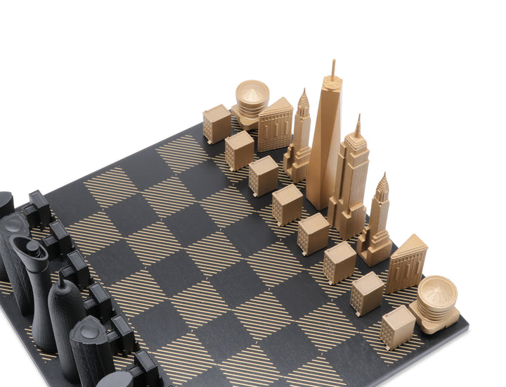 Skyline Chess Set, San Francisco Vs Dubai, Bronze, Corner View, Marble Board