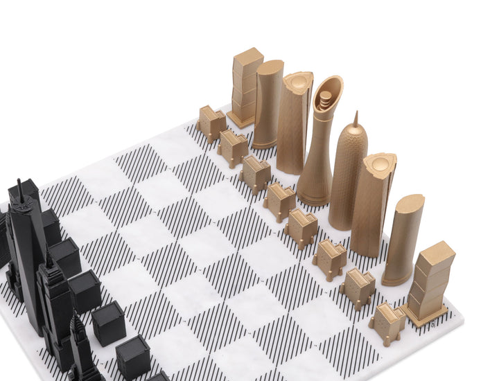 Skyline Chess Set, New York Vs Dubai, Bronze, Corner View, Marble Board