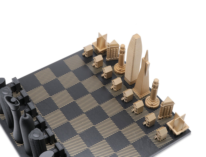 Skyline Chess Set, Dubai Vs Chicago, Bronze, Corner View, Marble Board