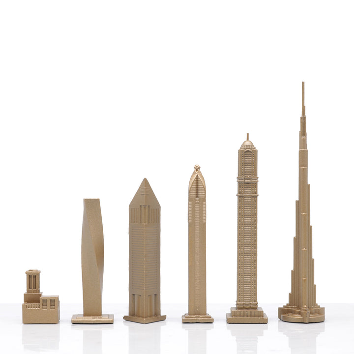 Skyline Chess Set, Dubai, Bronze, Side View, Wood Board