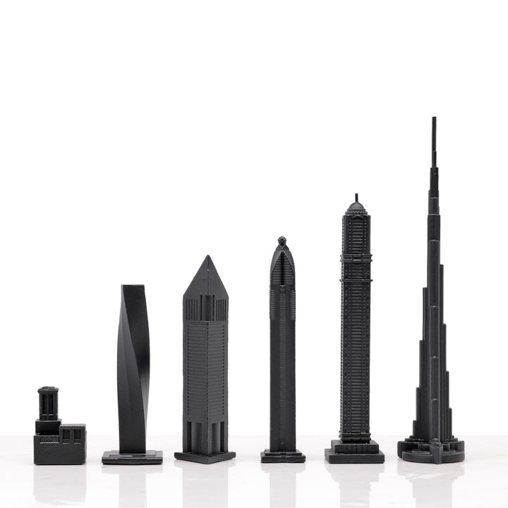 Skyline Chess Set, Dubai, Bronze, Side View, Wood Board