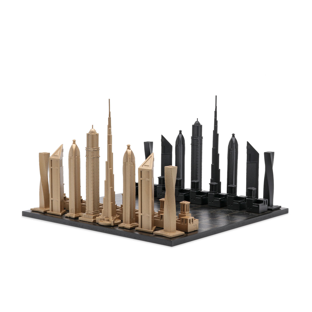 Skyline Chess Set, Dubai, Bronze, Corner View, Wood Map Board