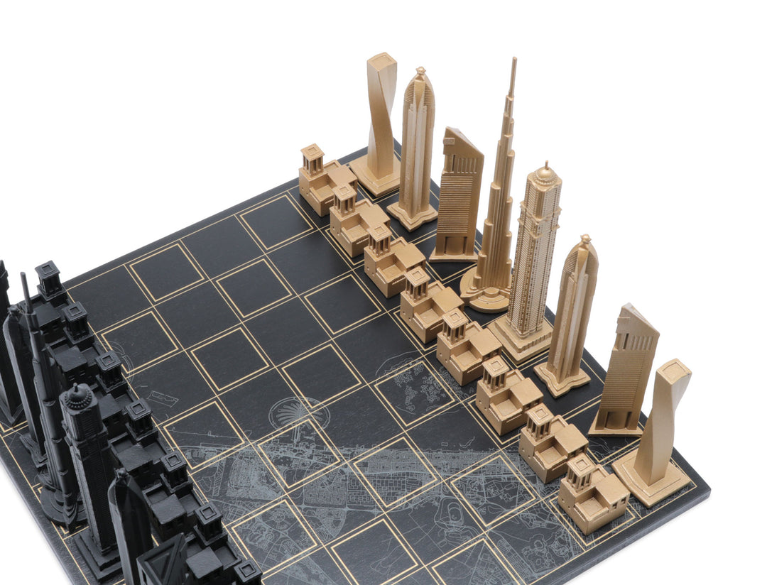 Skyline Chess Set, Dubai, Bronze, Corner View, Marble Hatch Board