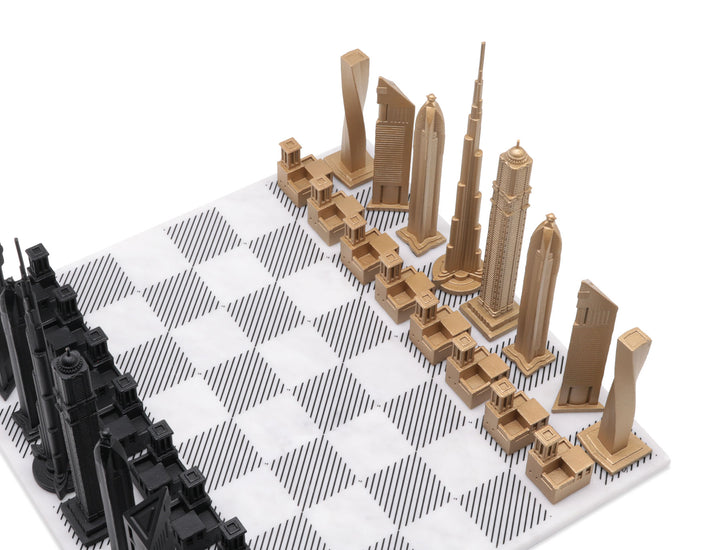 Skyline Chess Set, Dubai, Bronze, Corner View, Marble Board