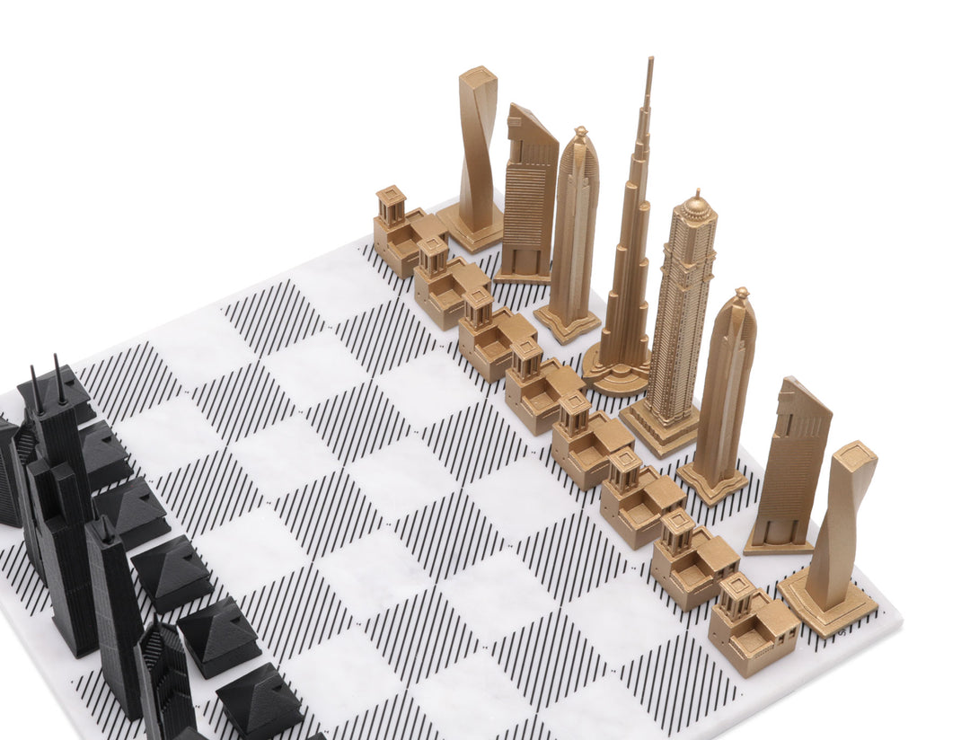 Skyline Chess Set, Tokyo Vs Doha, Bronze, Corner View, Marble Board