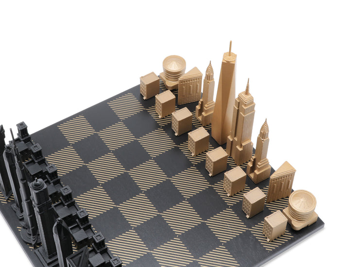 Skyline Chess Set, Paris vs Chicago, Bronze, Corner View, Hatch Board