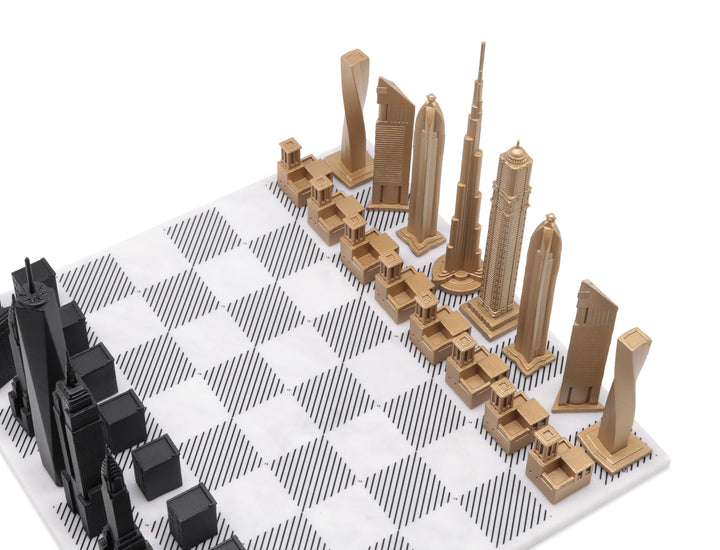 Skyline Chess Set, New York vs Chicago, Bronze, Corner View, Gold Wooden Hatch Board