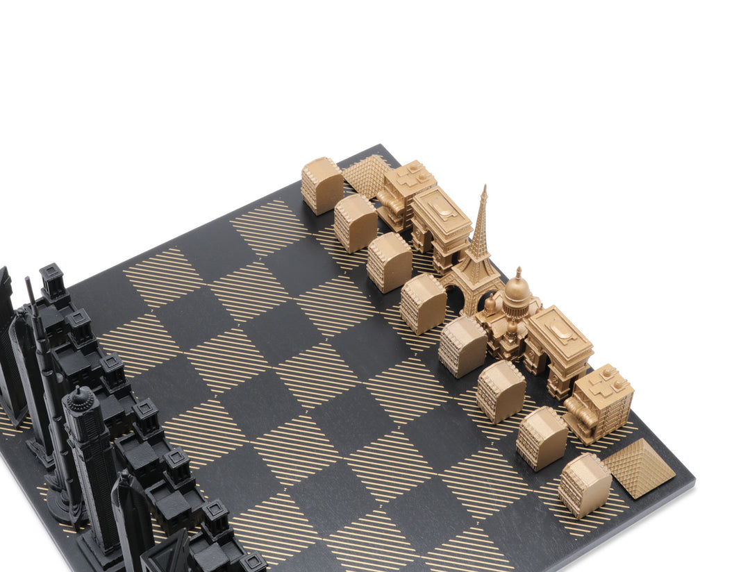 Skyline Chess Set, San Francisco vs Chicago, Bronze, Corner View, Gold Wooden Hatch Board