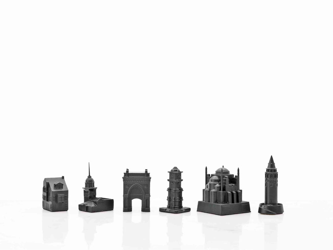 Skyline Chess Set, Istanbul, Steel Metal, Side View, Black Board