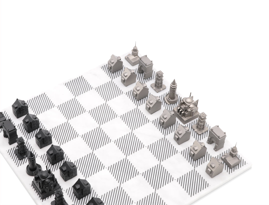 Skyline Chess Set, Istanbul, Steel Metal, Side View, Marble Board