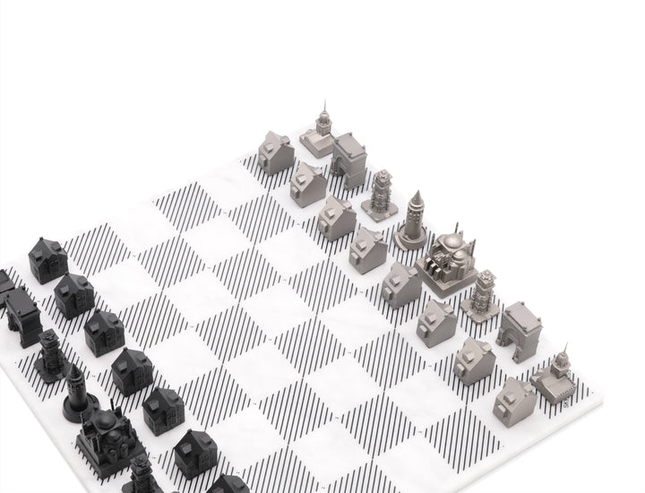 Skyline Chess Set, Istanbul, Steel Metal, Side View, Marble Board