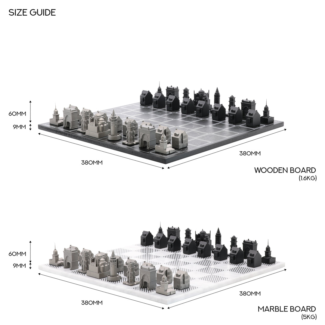 Skyline Chess Set, Istanbul, Steel Metal, Top View, Wood Board