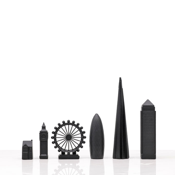 Skyline Chess Set, London, Bronze, Side View, Wood Board