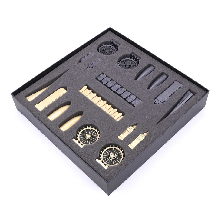 Skyline Chess Set, London, Bronze, Corner View, Bronze Box Board