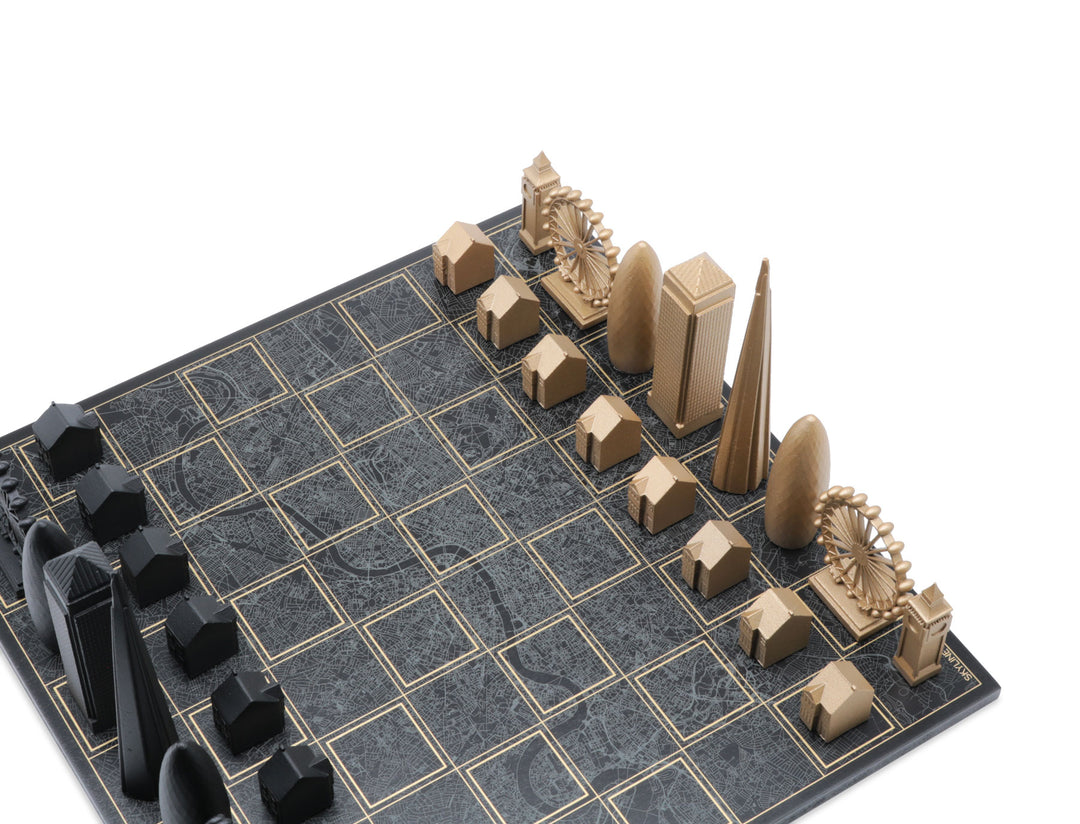 Skyline Chess Set, London, Bronze, Corner View, Marble Board