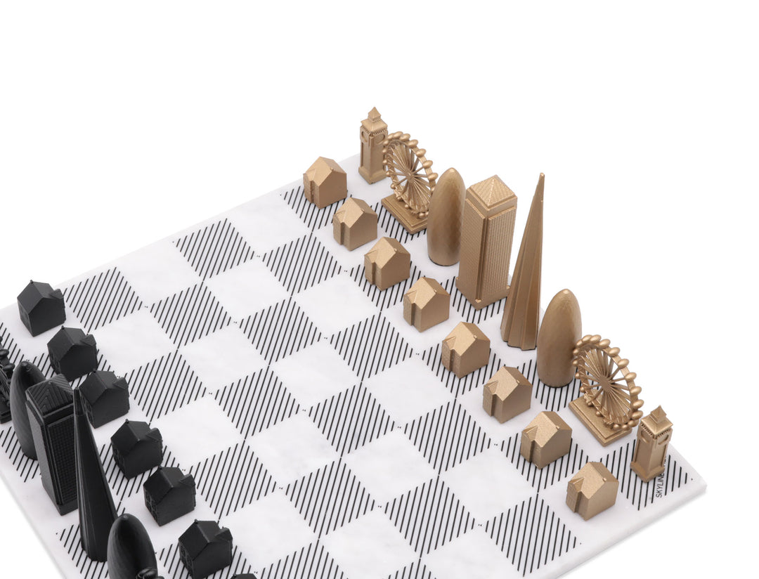 Skyline Chess Set, London, Bronze, Corner View, Marble Board