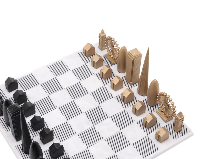Skyline Chess Set, London, Bronze, Corner View, Marble Board