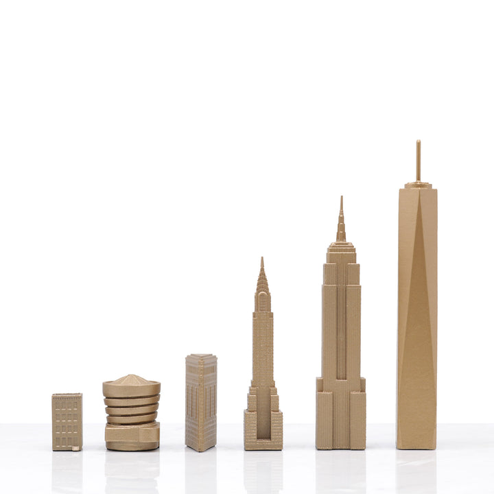 Skyline Chess Set, New York, Bronze, Side View, Marble Board