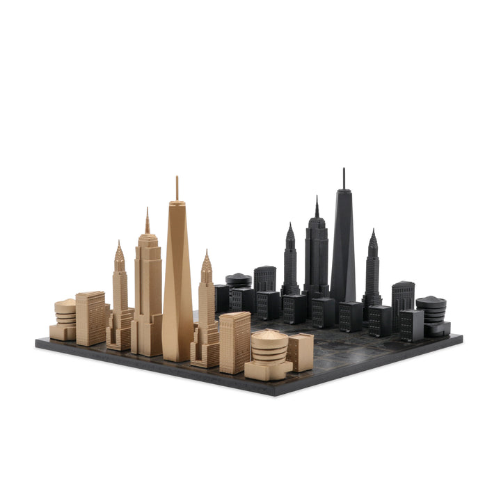Skyline Chess Set, New York, Bronze, Corner View, Wood Map Board
