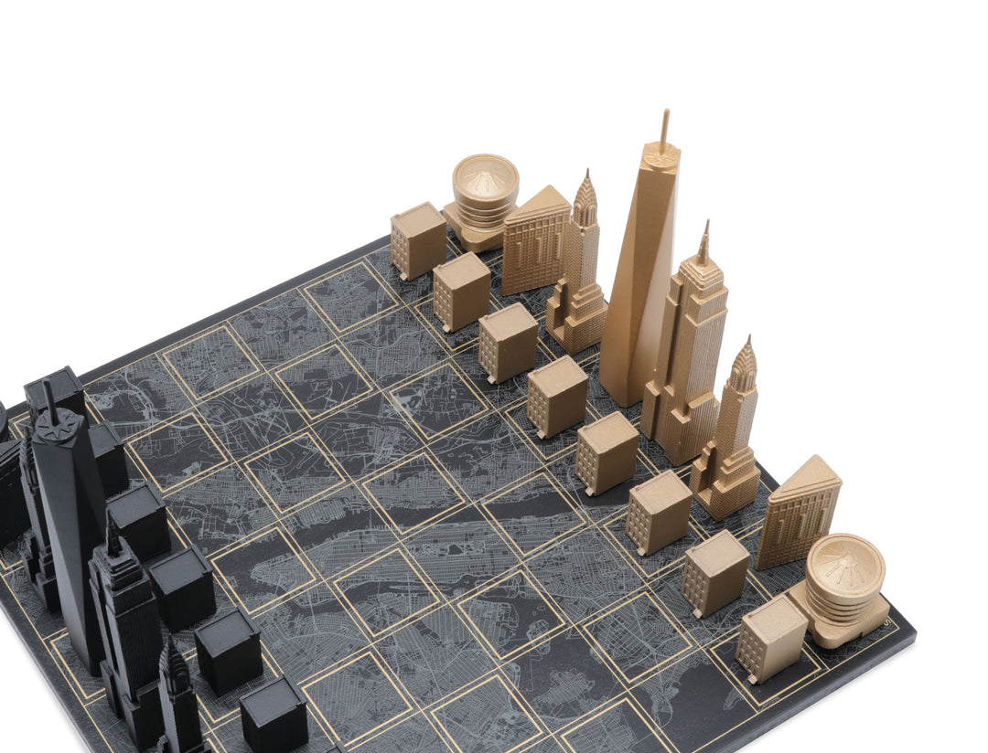Skyline Chess Set, New York, Bronze, Corner View, Marble Hatch Board