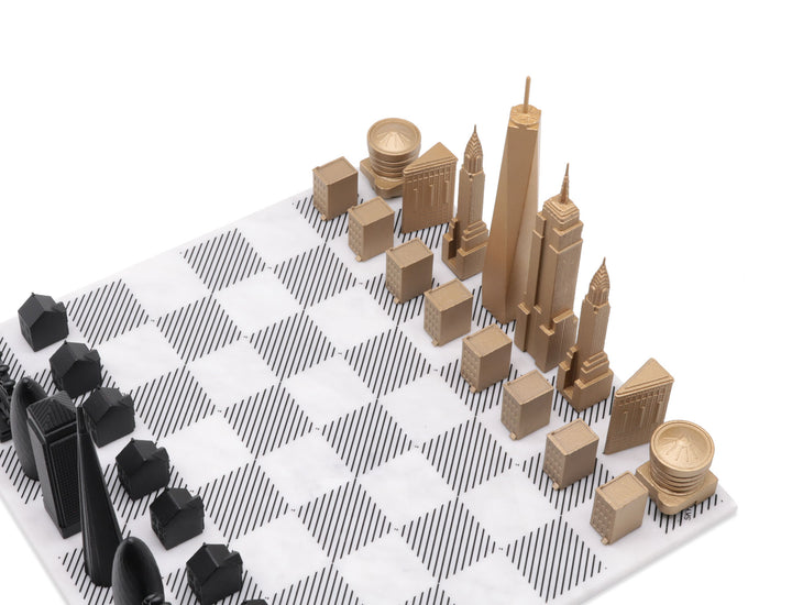 Skyline Chess Set, London Vs San Francisco, Bronze, Corner View, Marble Board