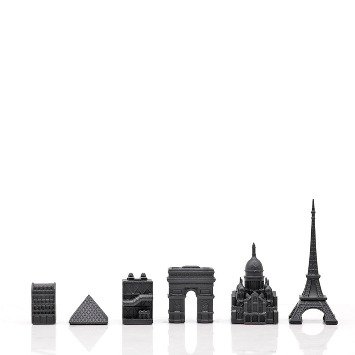 Skyline Chess Set, Paris, Bronze, Side View, Wood Board