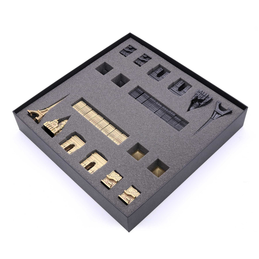 Skyline Chess Set, Paris, Bronze, Corner View, Box Detail