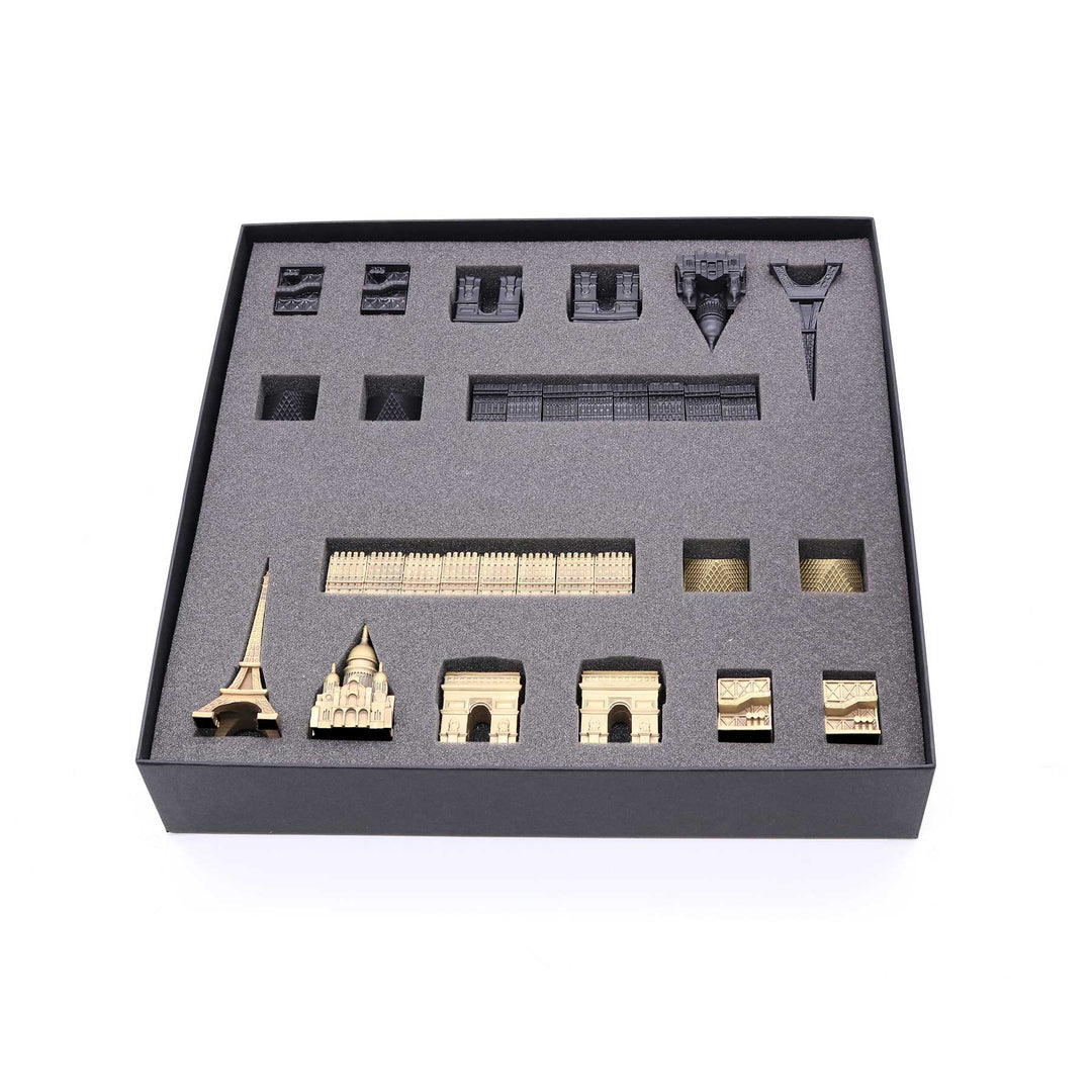 Skyline Chess Set, Paris, Bronze, Top View, Wood Board