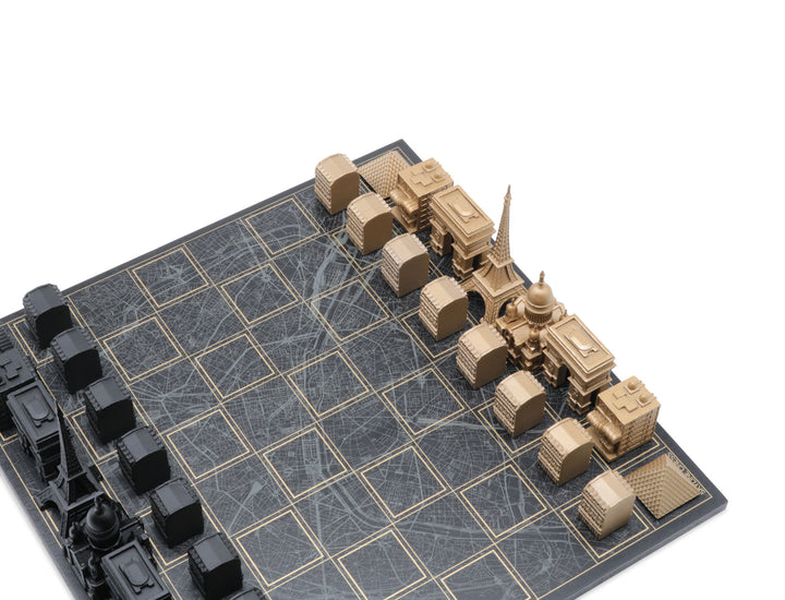 Skyline Chess Set, Paris, Bronze, Corner View, Marble Board