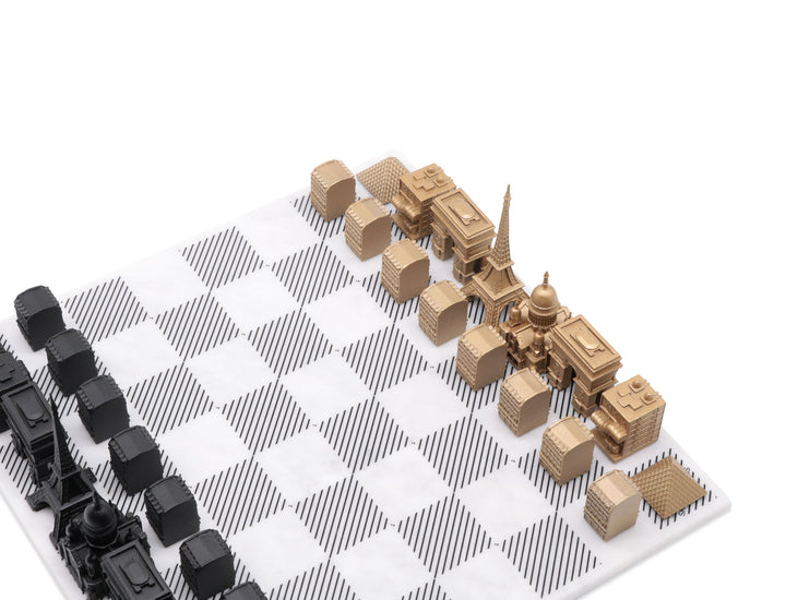Skyline Chess Set, Paris, Bronze, Corner View, Marble Board
