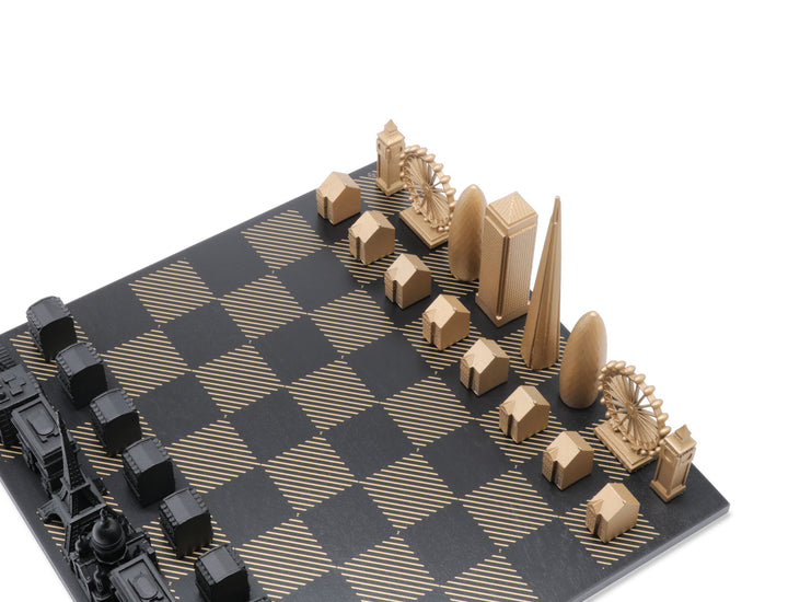 Skyline Chess Set, Tokyo Vs London, Bronze, Corner View, Gold Wooden Hatch Board