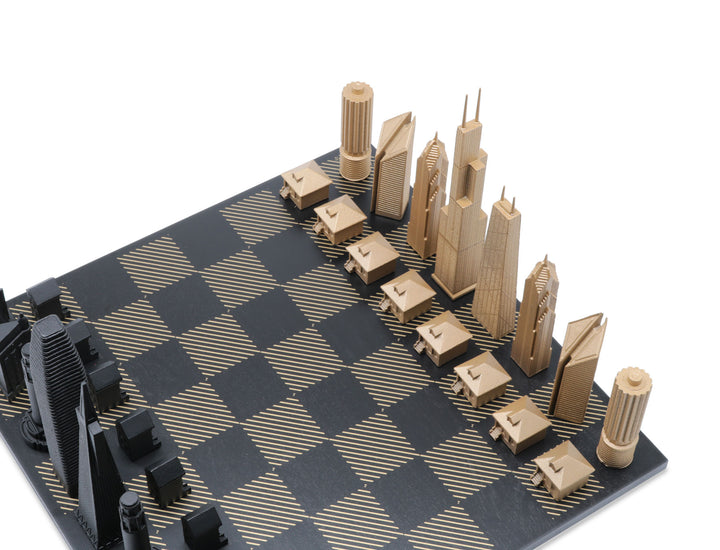 Skyline Chess Set, Tokyo vs San Francisco, Bronze, Corner View, Gold Wooden Hatch Board