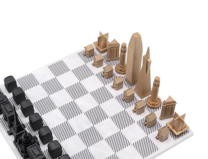 Skyline Chess Set, Tokyo Vs Chicago, Bronze, Corner View, Marble Board