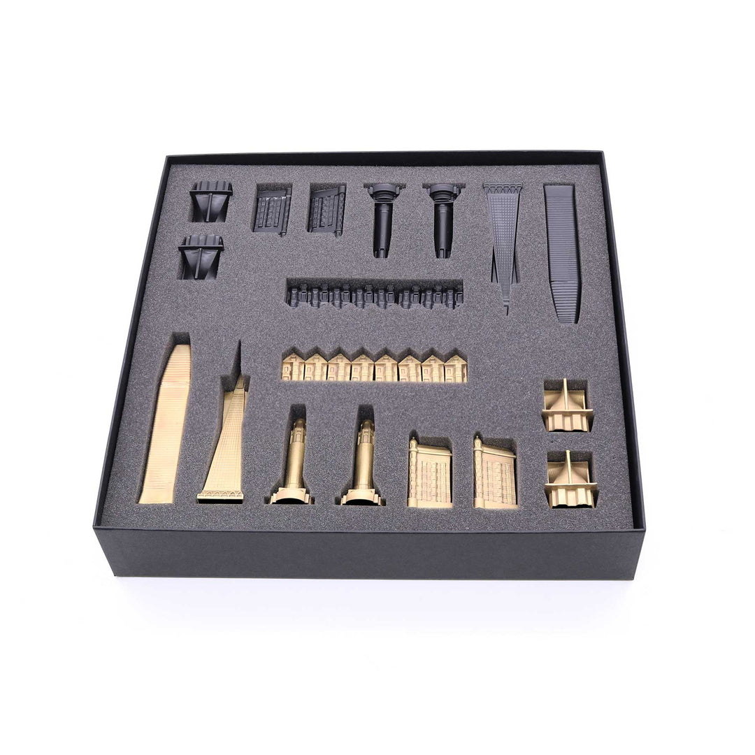 Skyline Chess Set, San Francisco, Bronze, Top View, Wood Board