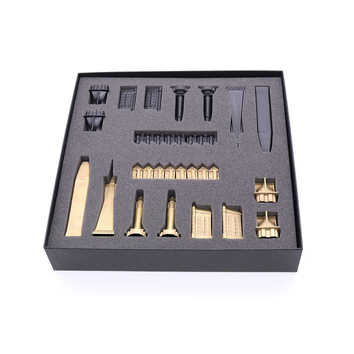 Skyline Chess Set, San Francisco, Bronze, Top View, Wood Board