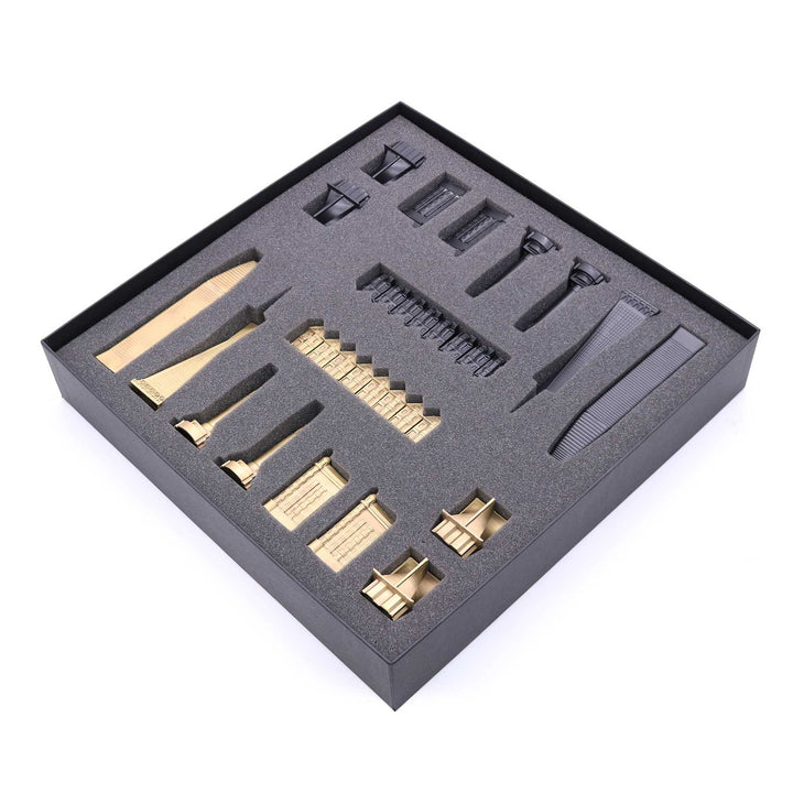 Skyline Chess Set, San Francisco, Bronze, Corner View, Presentation Box