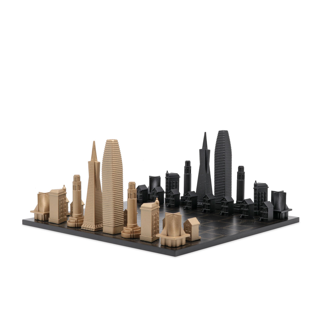 Skyline Chess Set, San Francisco, Bronze, Side View, Wood Board